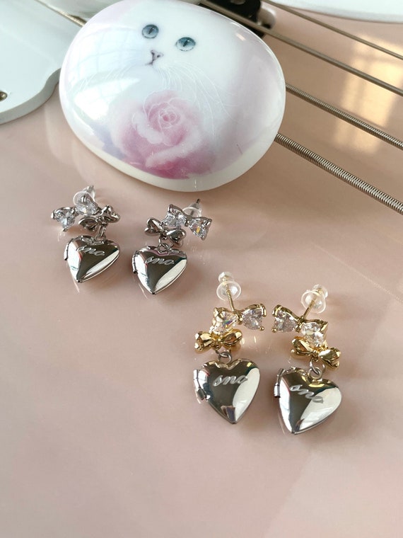 Coquette Bow Earrings Heart Locket Earrings Y2k Bow Ballet