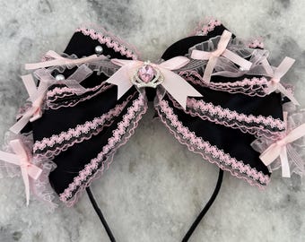 Gyaru Headband Pink Oversized Bow Lace Frilly Crown Hair Accessories Hime Agejo Jfashion Cosplay