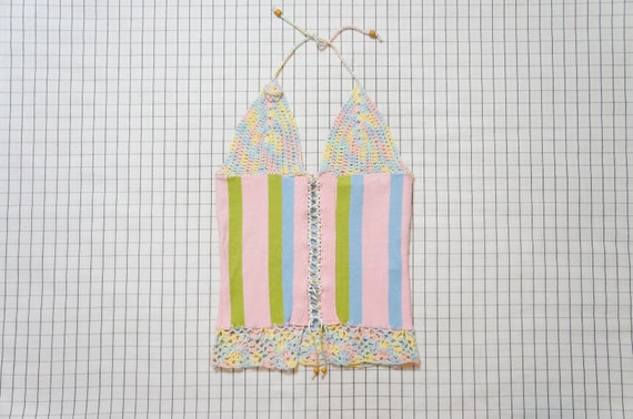 70's Pastel Crochet Halter Top, Ice Cream Stripe H