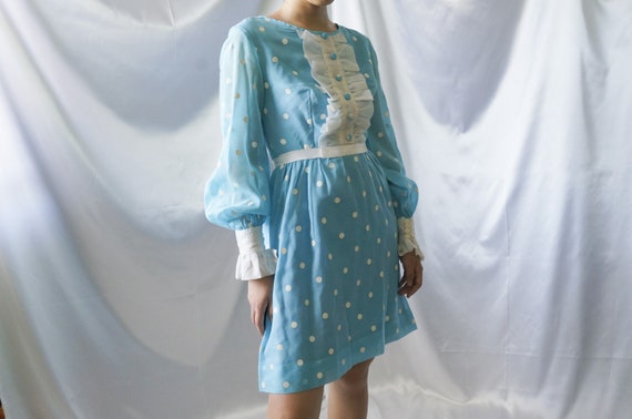 60s Blue Polka Dot Dress, Ruffles Victorian Dress