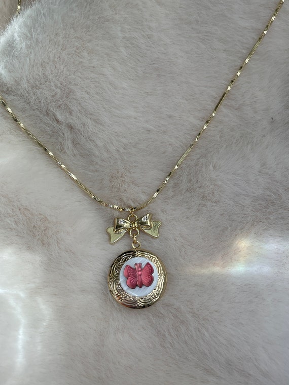 Vintage Locket Necklace Coquette Bow Butterfly Lo… - image 1