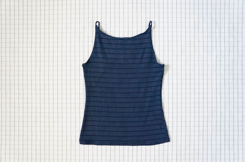 90/'s High Neck Top Vapor Wave Stripe Tank Top Navy Blue Thin Strap Halter Top Soft Grunge Clueless Aesthetic M