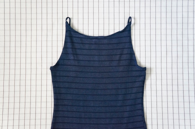 90/'s High Neck Top Vapor Wave Stripe Tank Top Navy Blue Thin Strap Halter Top Soft Grunge Clueless Aesthetic M