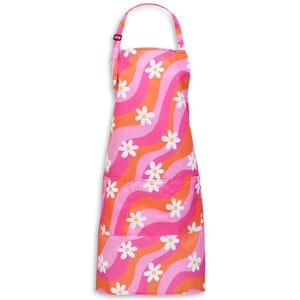 Pink Apron with Flowers Floral Apron Groovy Apron for Stylist Gift for Hair Stylist Waterproof Apron with 70s Pattern Gift for Retro Lover