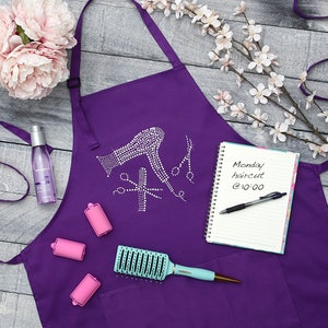 Purple Rhinestone Apron for Women Salon Apron with Pockets Bling Aprons for Women Cute Apron for Hair Stylist Gift for Cosmetologist Apron