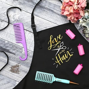Love is in the Hair Stylist Apron Salons Cute Salon Apron for Women Apron with Pockets Black Apron Funny Apron for Stylist Gift