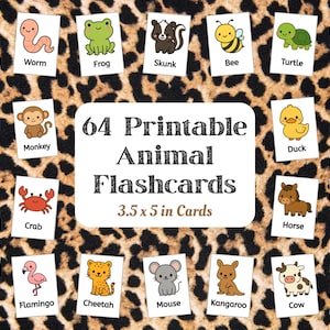 64 schede didattiche di animali kawaii per bambini piccoli, stampabili, carine, per l'apprendimento di animali, per bambini in età prescolare e Montessori, schede didattiche colorate digitali.