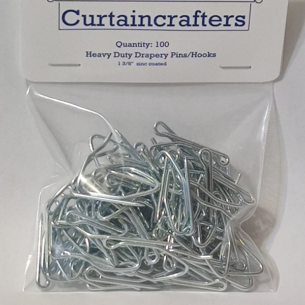 100 Heavy Duty Professional Grade Drapery Pins / Hooks for Pleated Draperies 1 3/8 inches long, Zinc Plated, for curtain rods and pole rings