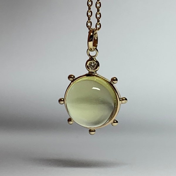 Mini 14k solid yellow gold, lemon olive quartz cabochon, 10mm, natural white diamond pendant “Sun”, small size, smooth polished
