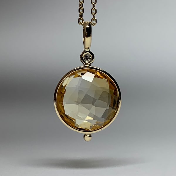 14k solid yellow gold, natural white diamond, yellow citrine pendant, 12mm round, checker board cut, small size, charm