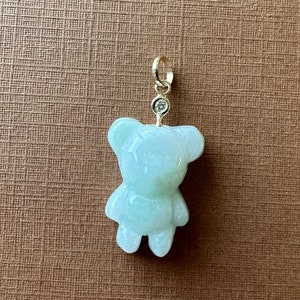 No import tariffs! Mini 14k Solid Yellow Gold Diamond White Jade "Teddy Bear" Pendant, Carved Charm
