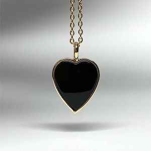 Mini 14k solid yellow gold, black onyx “Heart” pendant, charm, flat polished gemstone, small size, gift mode, unisex, bestseller