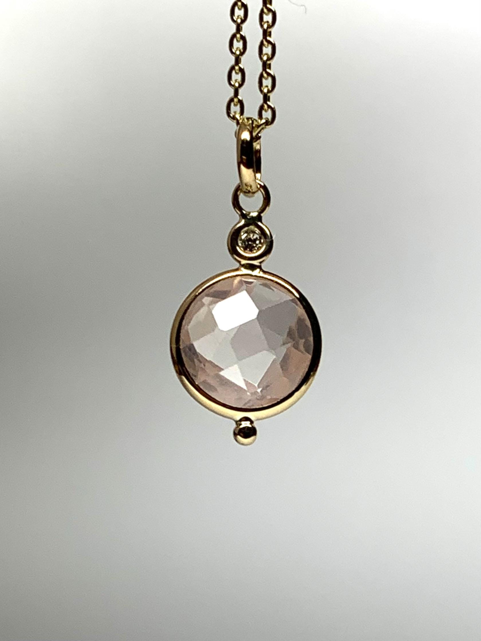 Mini 14k solid yellow gold, natural white diamond, 8mm round rose (pink) quartz pendant, small, gemstone, checkerboard, gift for her