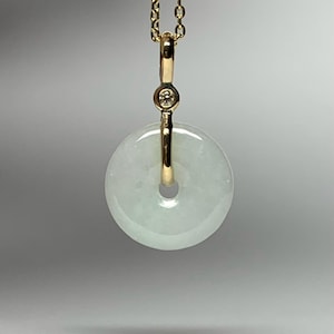 Mini 14k Solid Yellow Gold, White Diamond, Jade Donut Pendant, Good Luck Charm