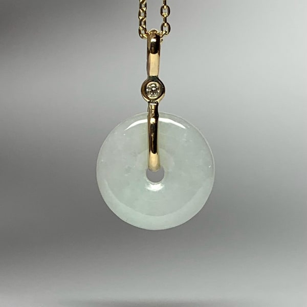 Mini 14k Solid Yellow Gold, White Diamond, Jade Donut Pendant, Good Luck Charm