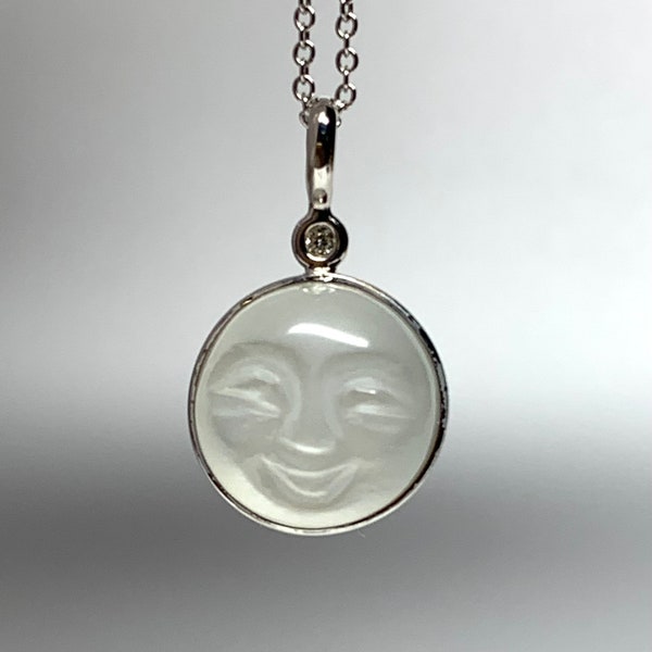 No import tariffs! Mini 14k Solid White Gold, Diamond, "Moon and Star" Pendant, Carved Moonstone Face