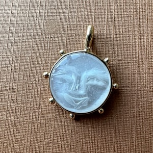 14k solid yellow gold, natural white moonstone pendant, “Smiling Sun”, happy sun, face, polished cabochon, hand carved, 12mm, small