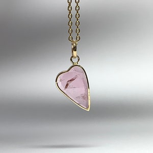 Mini 14k solid yellow gold, natural pink tourmaline charm pendant, heart shape, rose cut, faceted, polished, small size