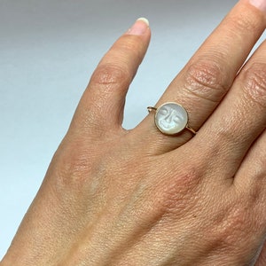 14k solid yellow gold and natural white moonstone mini "Moon" ring, moon face, man in moon ring, thin band, carved moonstone, full moon