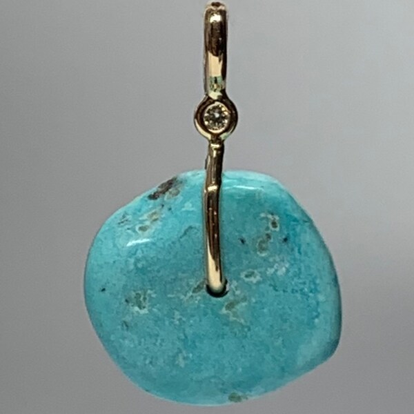 14k solid yellow gold, natural white diamond, genuine blue turquoise sloppy “donut” pendant, small size