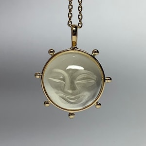 14k Solid Yellow Gold, Citrine "Sun" Pendant, Carved Smiling Face
