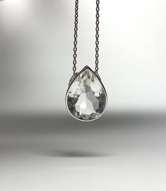 No import tariffs! Mini 14k White Gold Clear Quartz Pear Slider Pendant