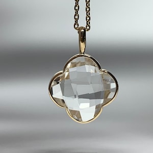 14k solid yellow gold, clear quartz pendant, four leaf clover, lucky charm, flower, natural, checkerboard cut, briolette, 12mm, gift for her