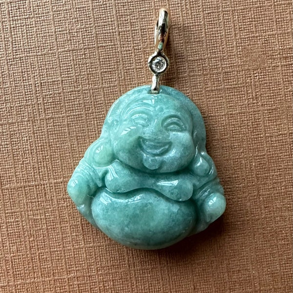 14k solid yellow gold, white diamond, natural light pale green jade “buddha” pendant, small size, good luck, jadeite, health, fortune