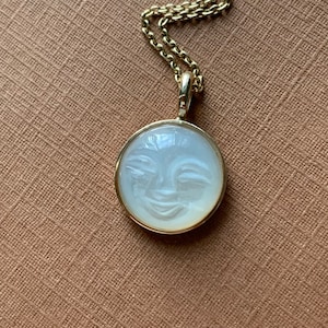Mini 14k solid yellow gold, natural white moonstone &quot;Moon” pendant, hand carved, moon man face, cabochon, 12mm, small size, gift mode