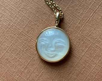 14k solid yellow gold, natural white moonstone "Moon” pendant, hand carved, mystical, moon man face, cabochon, 12mm, small