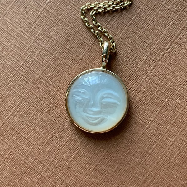 14k solid yellow gold, natural white moonstone "Moon” pendant, hand carved, mystical, moon man face, cabochon, 12mm, small