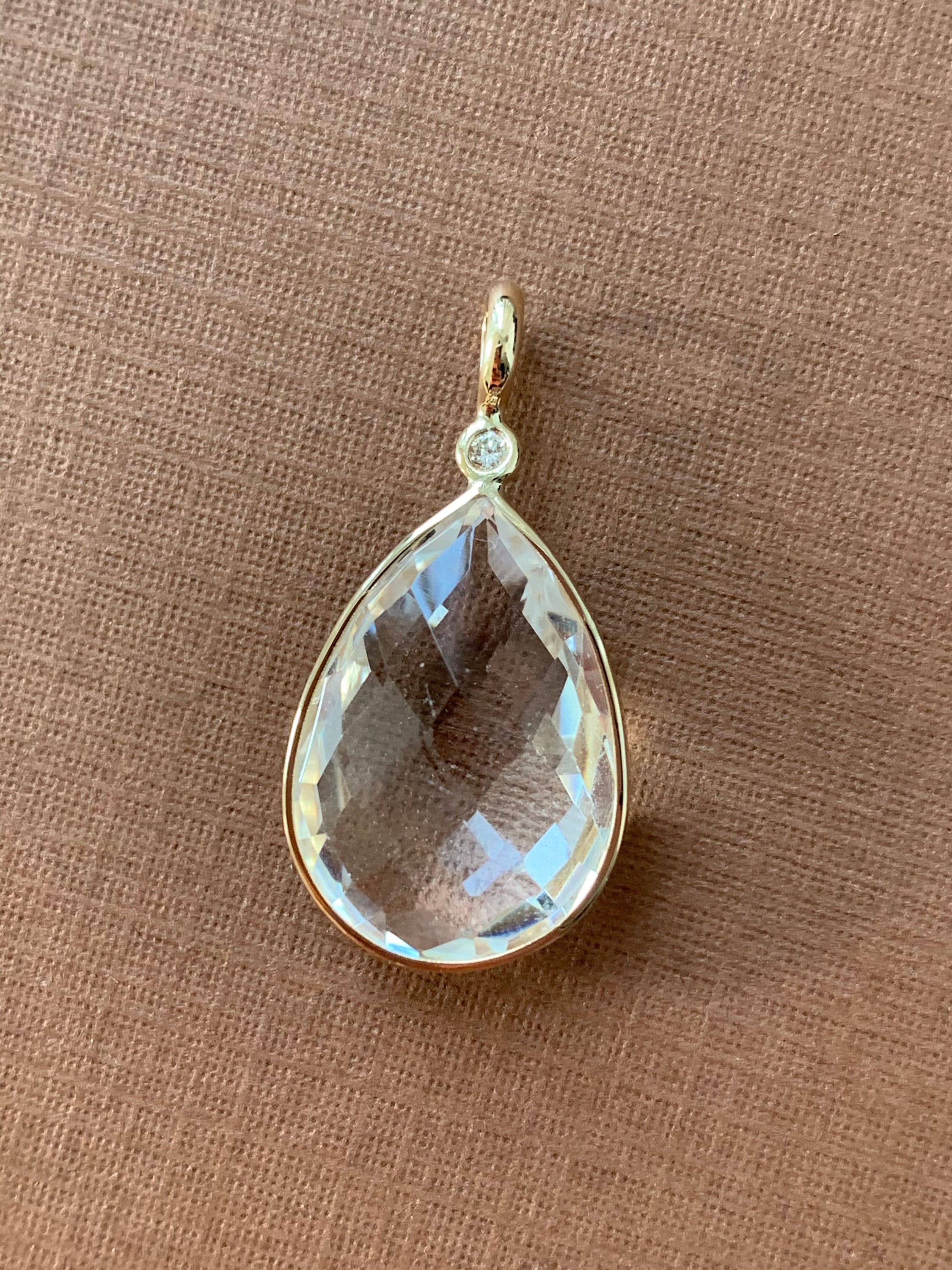 14k solid yellow gold, natural white diamond and clear quartz large pendant, pear shape, checker board faceted, double sided, gift mode