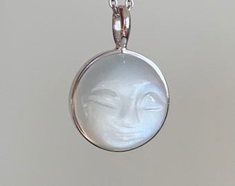 14k solid white gold, natural white moonstone pendant, "The Moon", hand carved, mystical, moon face, man in moon, cabochon, 12mm