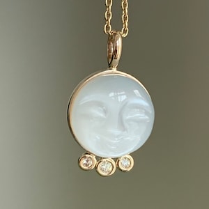 14k solid yellow gold, three genuine diamonds, natural white moonstone pendant, "Moon and Stars" hand carved round face, cabochon, small