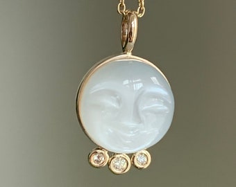 14k solid yellow gold, three genuine diamonds, natural white moonstone pendant, "Moon and Stars" hand carved round face, cabochon, small