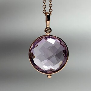 14k solid rose gold, natural diamond, genuine pink amethyst pendant, 14mm round gemstone, double sided checkerboard cut, faceted