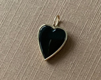 14k solid yellow gold, genuine black onyx heart pendant, charm, flat polished gemstone, small size