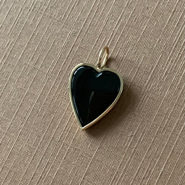 14k solid yellow gold, genuine black onyx heart pendant, charm, flat polished gemstone, small size