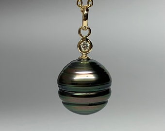 Mini, 14k solid yellow gold, natural diamond, black grey tahitian pearl charm pendant, June birthstone, baroque, round, circle, genuine