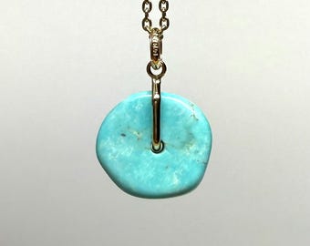 No import tariffs! Mini 14k Solid Yellow Gold, Blue Turquoise “Donut” Mini Pendant