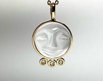 No Import tariffs! Mini 14k Solid Yellow Gold, Clear Quartz, Diamonds "Moon and Stars" Pendant