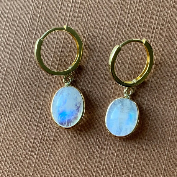 14k solid yellow gold, natural untreated rainbow moonstone cabochon earrings, dangling oval drop, hoops, huggies, small mini size