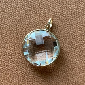 14k solid yellow gold, natural clear quartz pendant, 14mm round, transparent, double sided faceted checkerboard, small, gemstone