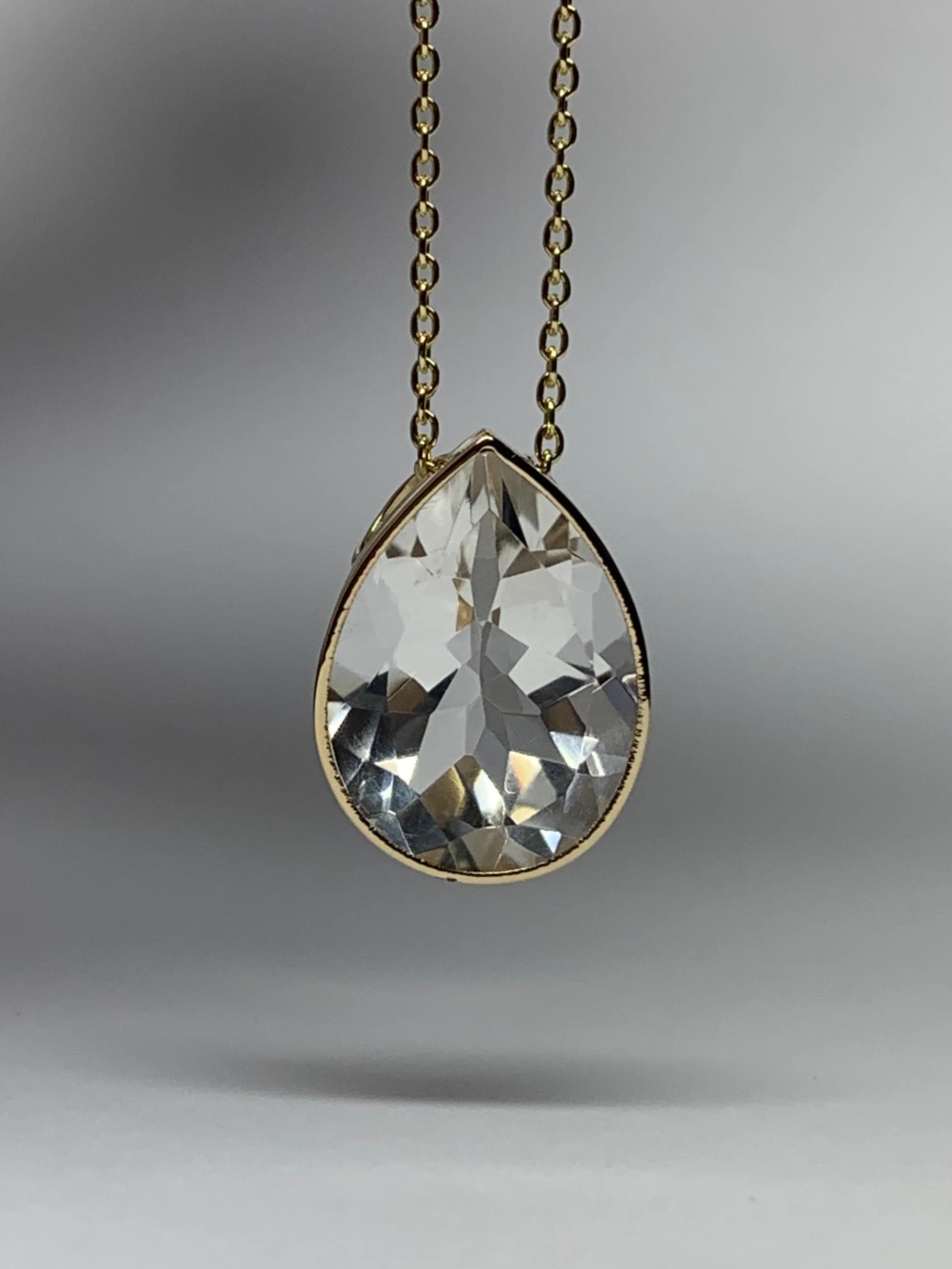 14k Solid Yellow Gold Clear Quartz Sliding Pendant, Faceted Gemstone Pear