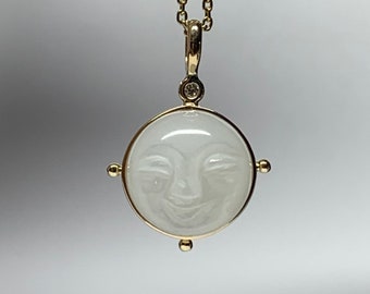 No import tariffs! Mini 14k Solid Yellow Gold Moonstone "Moon Baby" Pendant, Carved Happy Face