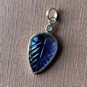 14k solid yellow gold, natural diamond, blue iolite leaf pendant, carved gemstone, genuine, small size