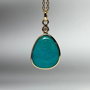 18k solid yellow gold, natural diamond, natural sleeping beauty turquoise pendant, organic shape, cabochon, blue, polished