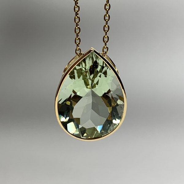 14k solid yellow gold, pale green amethyst pendant, sliding, pear shape, slider, faceted, 12mm by 16mm, small, transparent