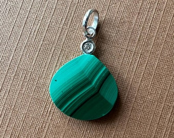 14k solid white gold, natural diamond, natural green malachite pendant, pear shaped, polished, top drilled, flat cabochon, small size