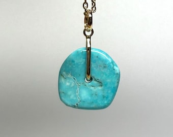 No import tariffs! Mini 14k Solid Yellow Gold, Blue Turquoise “Donut” Mini Pendant